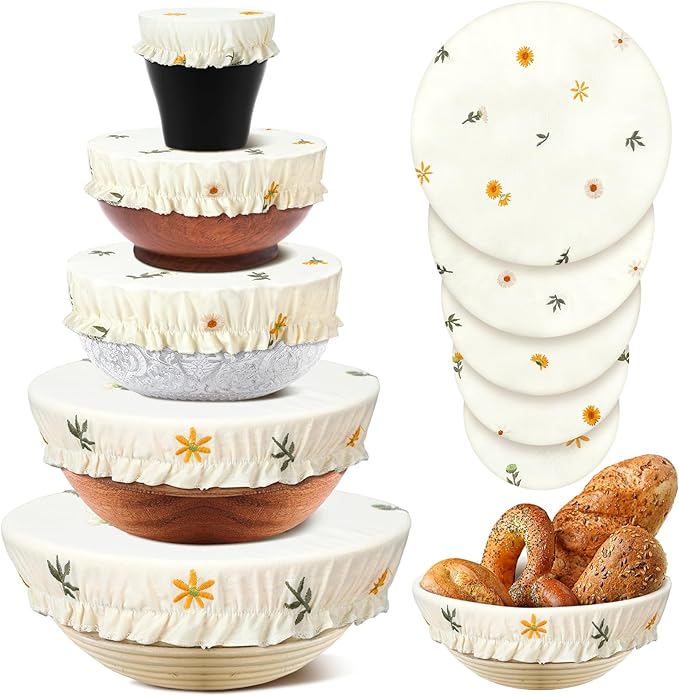 Patelai 10 Pcs Bowl Covers Reusable in 5 Size Stretch Cloth Fabric Elastic Food Storage Bowl Covers Bread Sourdough Lids for Proofing Food Fruits Leftover(Yellow, Green, White,Embroidery Daisy) by Patelai