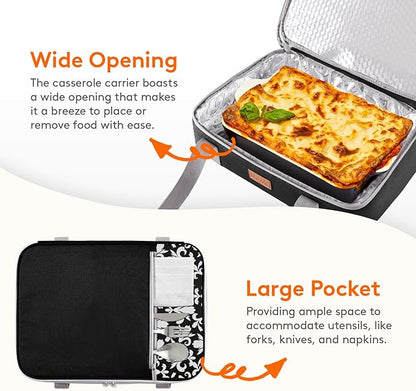 Lifewit Insulated Double Decker Casserole Carrier, Expandable Lasagna Lugger Tote Bag for Hot or Cold Food, Fits 9" x 13" Baking Dish for Potluck Parties, Picnic and Cookouts, Black-Flowers
