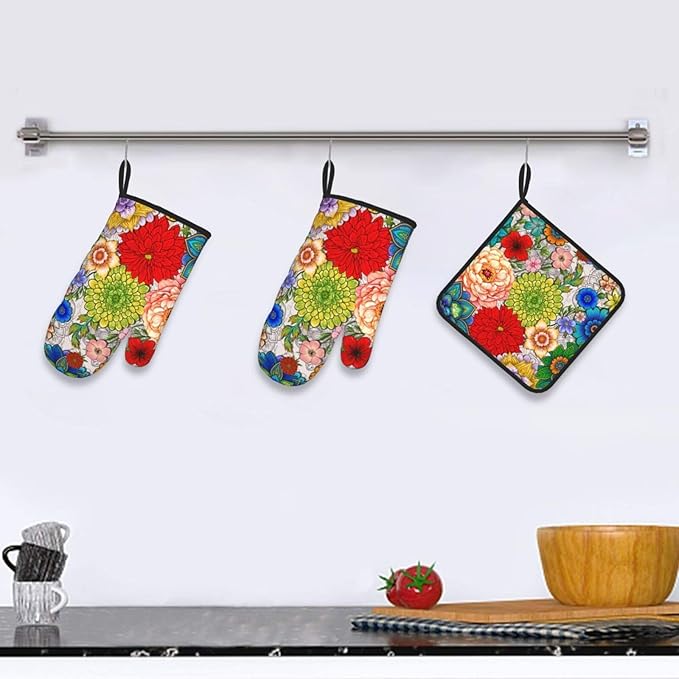 Boho Floral Oven Mitts and Pot Holders Set of 3,Cute Colorful Flowers Heat Resistant Non Slip Kitchen Oven Mitts and Hot Pads for Cooking, Kitchen Gifts for Baking Lovers, Housewarming Gifts for Women