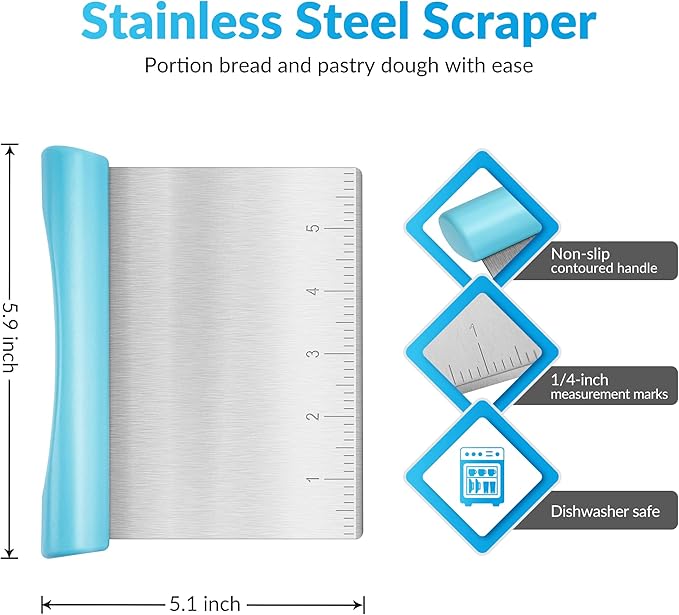 Upgraded 304 Stainless Steel Multi-Purpose Bench Scraper with Measurement Marks, Dishwasher Safe, Dough Cutter for Pizza, Bread and Cookie Dough Vegetable Chopper, Baking Supplies, Blue - Image 2