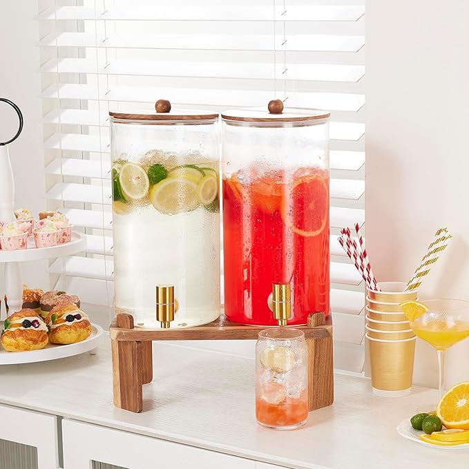 2 PCS 1.5 Gallon Drink dispenser, Glass Beverage Dispenser With Wood Stand, Large Water Drink Dispensers for Parties With Stainless Steel Spigot, Ideal for Lemonade,Juice, Tea, and Party Drinks - Image 6