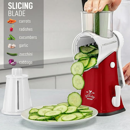 Zulay Kitchen Rotary Cheese Grater 5 Blade Cheese Shredder - Manual Hand Crank Cheese Grater With Reinforced Suction & 5 Interchangeable Drums - Easy to Use, Vegetable Chopper Round Mandoline Slicer - Image 5