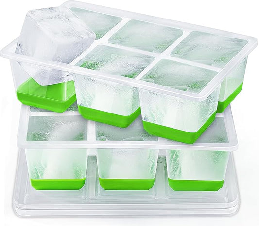 Ice Cube Trays 2 Pack, JRISBO Large Silicone Ice Cube Molds with Leak-Proof Lid, TPE Frame & Easy Release Bottom, Stackable Freezer Ice Trays for Whiskey, Cocktails, Soup, BPA Free (Green)