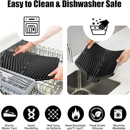 TIKNIK Silicone Dish Drying Mat, Stone Drying Mat for Kitchen Counter with Built-In Drain, Non-Slip Drain Pad with Built-in Drain, Heat Resistant Stone Drying Mat, Hangable, Black-1pc, 20" x 15" - Image 4