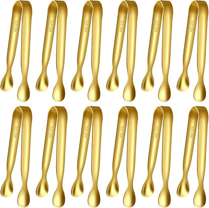 HOTEC 12-Pack Mini Sugar Tongs Stainless Steel Ice Tongs 4.3Inch Serving Tongs for Coffee Bar, Tea Party, Appetizers, Desserts, Buffet – Food-Grade & Dishwasher Safe, Gold