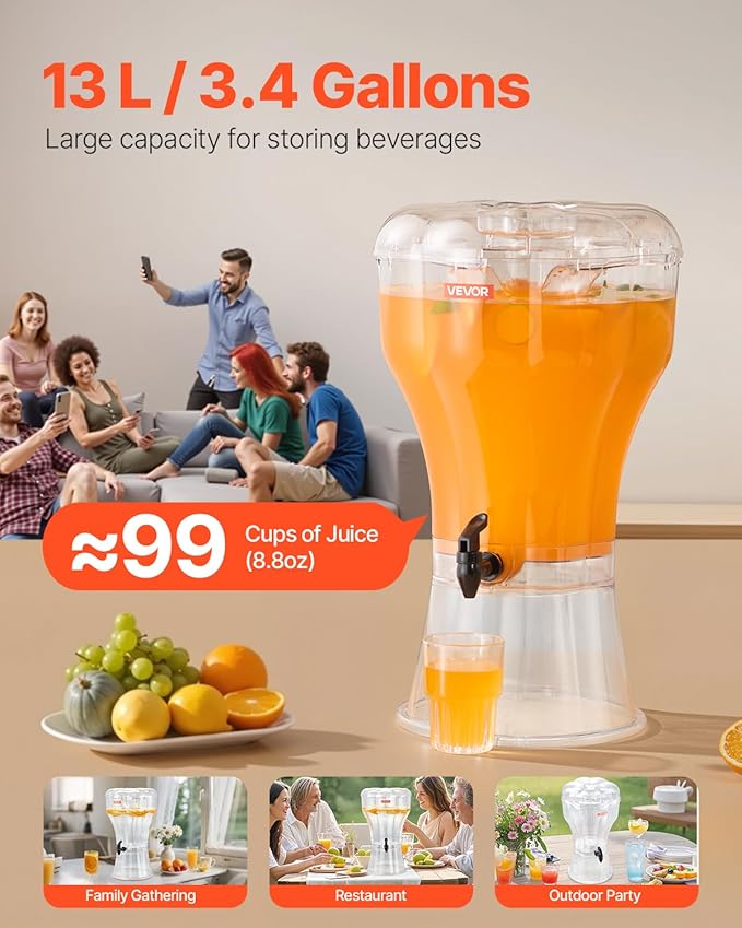 VEVOR Beverage Dispenser, 3.4 Gallon Drink Dispenser for Parties, Plastic Juice Dispensers with No-Drip Spigot, Iced Tea Lemonade Juice Water Dispensers, for Restaurants, Hotels, Parties - Image 2