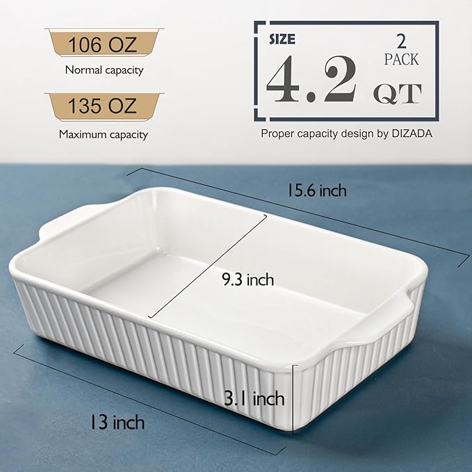 Dizada 9x13 Casserole Dish Set of 2 - Deep 4.2 Qt Porcelain Baking Dishes, Ceramic Bakeware for Lasagna, Roasts, Cake, Oven Microwave Safe(NO LIDS) - Image 5