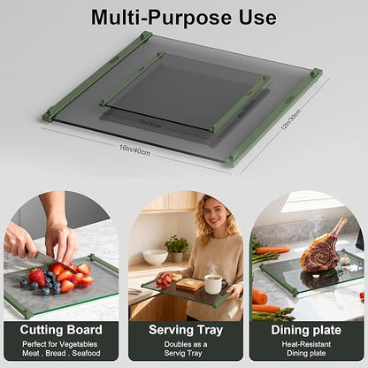 Glass Cutting Boards for Kitchen(12x16" & 12x8"),European Grey Glass Paired with Lemon Green Silicone Grip,No Scratches/Microplastic-Free/Non Toxic,Excellent Gift for Mother's Day and Father's Day