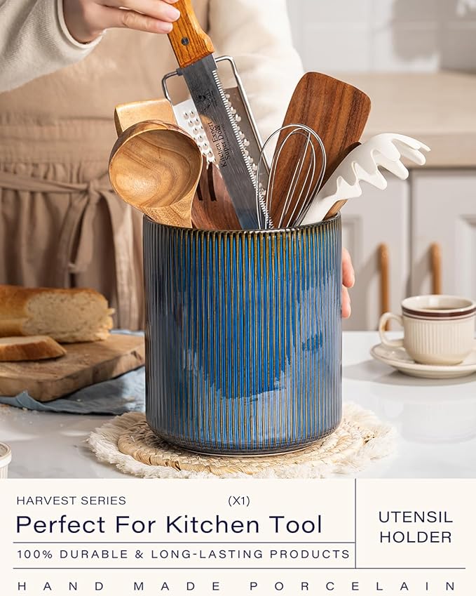 getstar Large Utensil Holder for Kitchen Counter,7.2" Vintage Ceramic Utensils Crocks Utensil Organizer for Spatula Farmhouse Kitchen Decor - Image 2