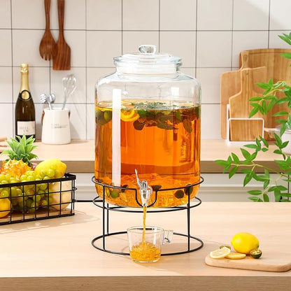 Honeydak 1 Pack 4 Gallon Glass Beverage Dispenser with Stand and Spigot Leakproof Glass Drink Beverage Storage for Valentine's Parties Mason Jar Dispenser with Lids