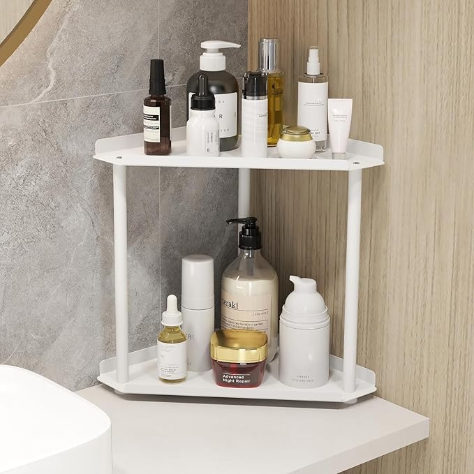 Jesginboo 2 Tier Bathroom Counter Organizer, Vanity Organizer Corner Shelf, Skincare, Makeup Countertop Organizers, Kitchen, Bathroom Counter Storage, White - Image 2