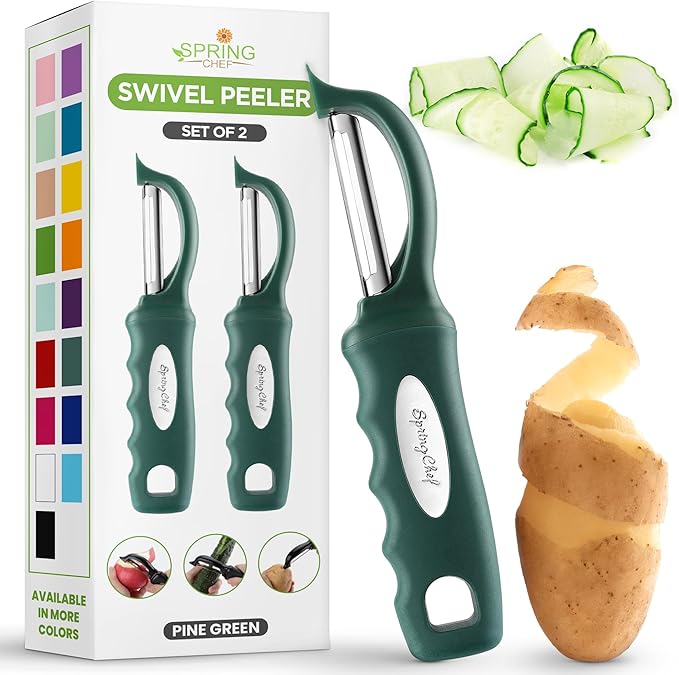 Spring Chef Premium Swivel Vegetable Peelers for Kitchen, Stainless Steel Apple Peelers with Soft Grip Handle and Sharp Blades, Perfect for Potato, Carrot, Mango, Cucumber - Set of 2 - Pine Green by SpringChef