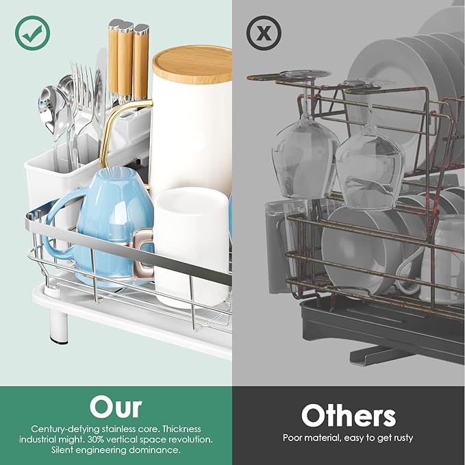 MOUKABAL Dish Drying Rack, Dish Rack, Stainless Steel Dish Racks for Kitchen Counter, Dish Drainer with Removable Utensil Holder, Drainboard (White,Stainless Steel,13''W x 17''L) - Image 5