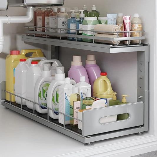 Under Sink Organizer Upgrade To Professional Rails,2-Tier Dual Pull Out Cabinet Storage,Height Adjustable Slide Out Drawers For Bathroom Kitchen,1 Pack-21"Dx12.8"-16.9"H,Gun Gray by UnderSinkOrganizer