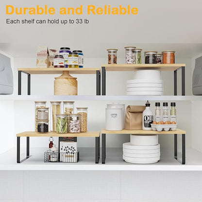 OGEMXU Cabinet Shelf Organizers, 15.7 inches Large Kitchen Counter Shelf, Set of 2 Wood Kitchen Pantry Organizer, Storage Shelves for Countertop, Spice Rack, Stackable, Expandable, Metal Black, Nature - Image 4