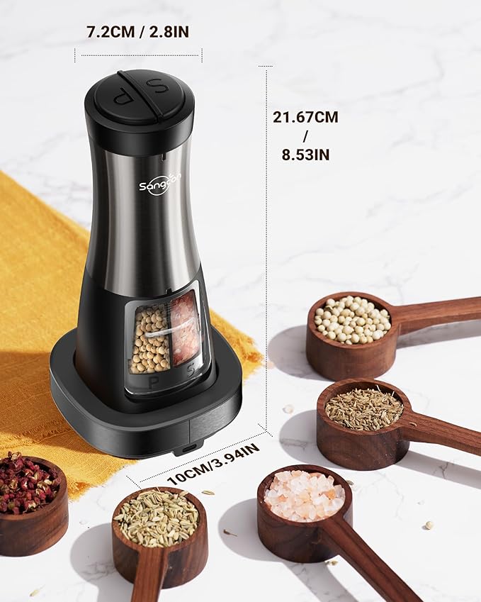 Sangcon Electric Salt and Pepper Grinder Set Shaker 2 IN 1 - USB RECHARGEABLE Salt and Pepper Mill with Charging Base, Adjustable Coarseness Automatic Grinder with Light, House Warming Cooking Gifts - Image 7