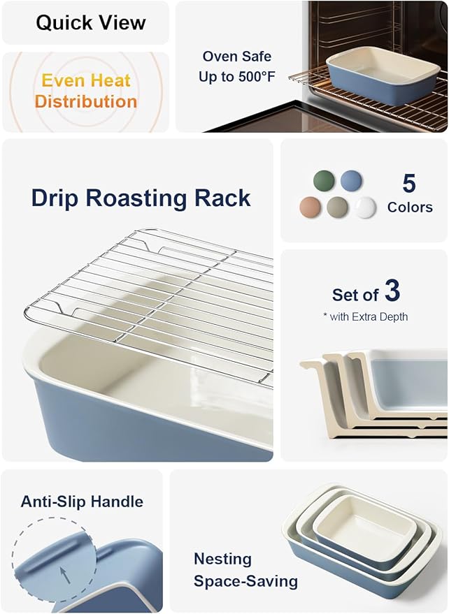 LE TAUCI Deep Casserole Dishes for Oven, 13.7”x9.6” Ceramic Baking Dish Set with Roasting Racks, Large Lasagna Pans with Handles, Rectangular Bakeware as Gift for Mom, Dusty Blue (4.6QT/3.0QT/1.6QT), Set of 3 - Image 2