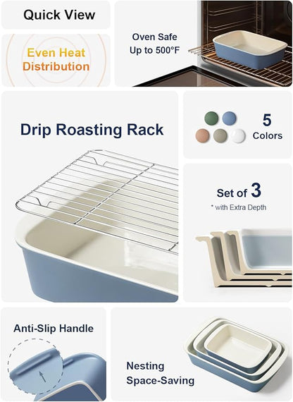 LE TAUCI Deep Casserole Dishes for Oven, 13.7”x9.6” Ceramic Baking Dish Set with Roasting Racks, Large Lasagna Pans with Handles, Rectangular Bakeware as Gift for Mom, Dusty Blue (4.6QT/3.0QT/1.6QT), Set of 3 - Image 2