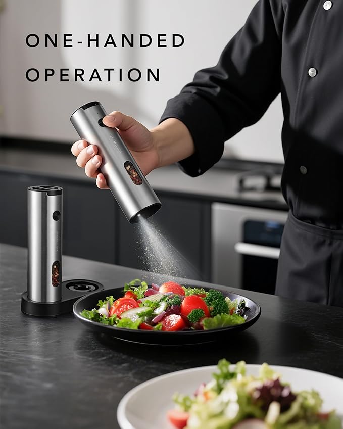 FORLIM Electric Salt and Pepper Grinder Set Rechargeable, Auto Salt and Pepper Grinder set with Charging Base, Adjustable Coarseness, LED Light, Automatic Salt Grinder Refillable,Pepper Shakers Set - Image 3