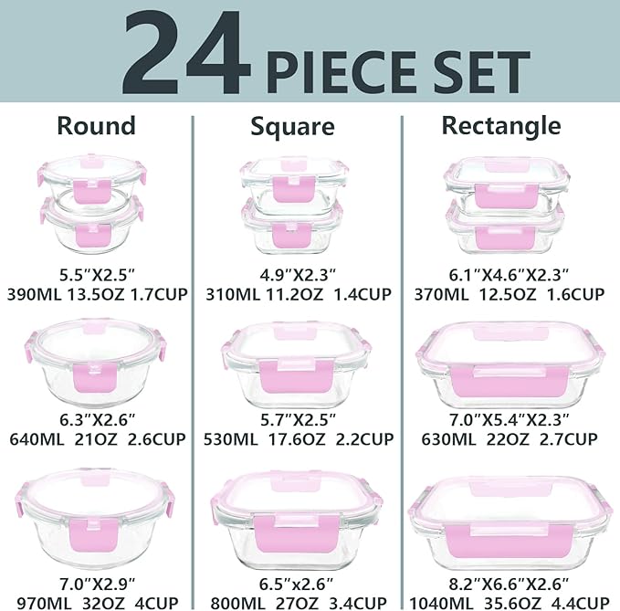 12 Pack Glass Meal Prep Food Storage Containers with Lids Airtight Stackable, Microwave, Oven, Freezer and Dishwasher Safe(Pink) - Image 2