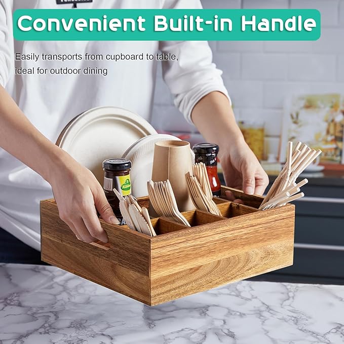 ALELION Acacia Wood Utensil Holder for Party - Paper Plate Organizer for Countertop - Silverware Caddy with 6 Compartments for Plate, Cup, Fork, Spoon - Cutlery Holder for Kitchen Camping Buffet - Image 2