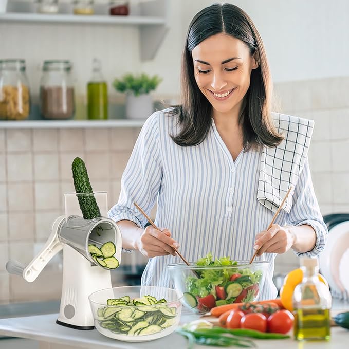X Home 5-in-1 Rotary Cheese Grater for Kitchen, Upgraded Hand Crank Shredder with Stronger Suction Base & Multifunctional Drum Blades, for Cheese, Vegetables and Nuts, Easy to Use and Clean, White - Image 7