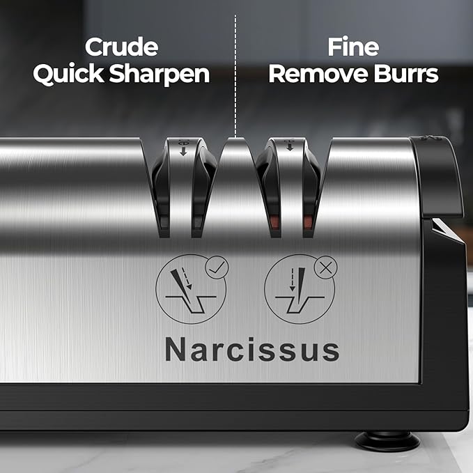 Narcissus Knife Sharpener, Professional 2 Stage Electric Knife Sharpener for Quick Sharpening & Polishing, with Scissors Sharpener and Metal Dust Collection Box, Stainless Steel, Silver - Image 3