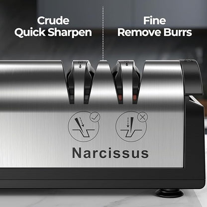 Narcissus Knife Sharpener, Professional 2 Stage Electric Knife Sharpener for Quick Sharpening & Polishing, with Scissors Sharpener and Metal Dust Collection Box, Stainless Steel, Silver - Image 3