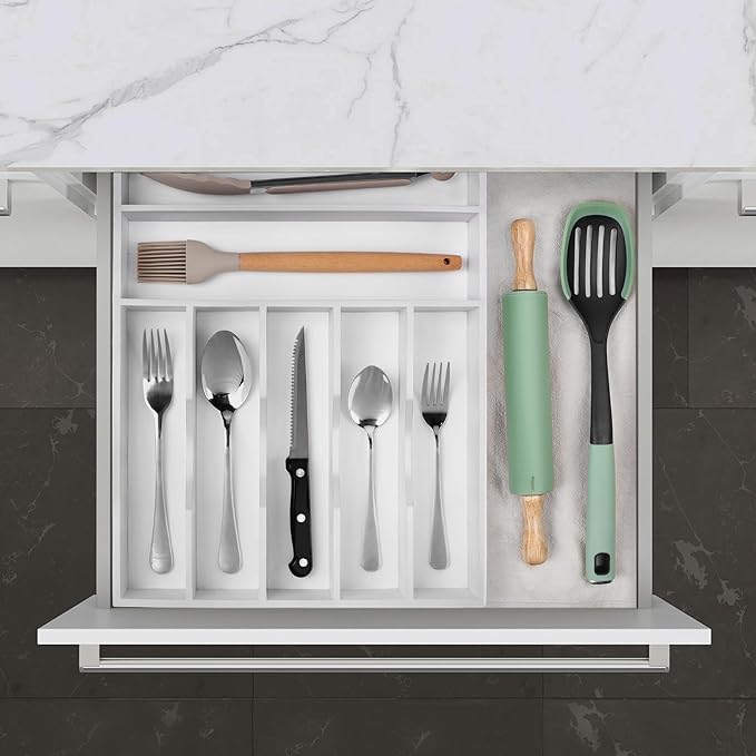 Kitchen Bamboo Silverware Organizer, Kitchen Drawer Organizer - Utensil Holder and Cutlery Tray with Grooved Drawer Dividers for Flatware 7 Slot, White - Image 9