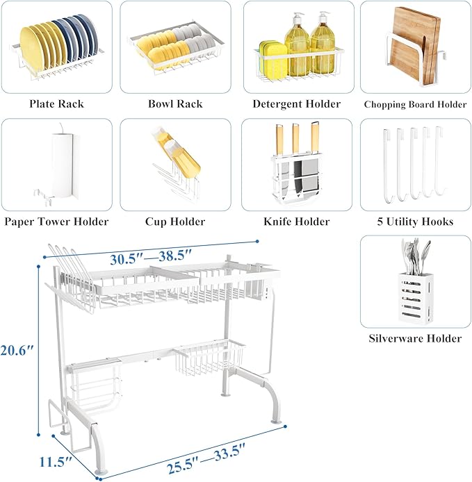 Over The Sink Dish Drying Rack, Adjustable (25.5 to 36.5 inch) 2 Tier Metal Steel Dish Drying Racks for Kitchen Counter with Hooks Paper Towel Utensil Cup Holder Sink Caddy (White) - Image 6