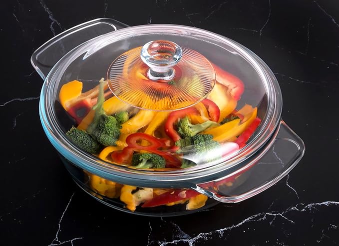 Clear Round Glass Casserole with Lid, Baking Dish with Glass Cover, Oven, Freezer and Dishwasher Safe (1.7-Quart Round)