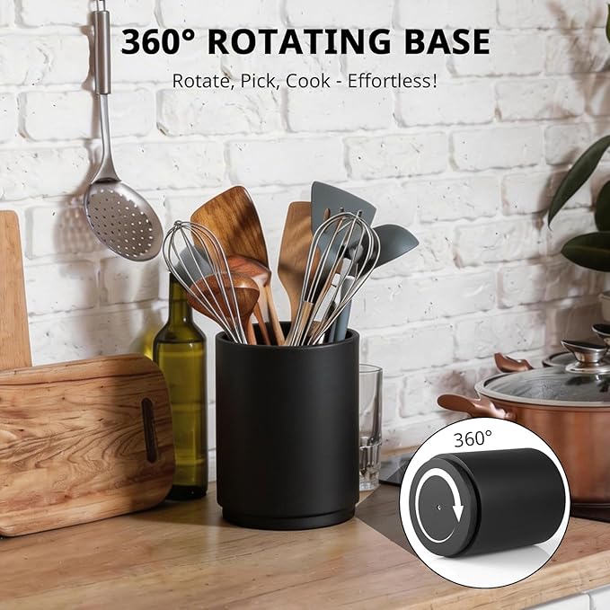 Bivvclaz Wooden Utensil Holder, 360°Rotating 7.2" Utensil Holder for Kitchen Counter, Large Kitchen Utensil Holder, Cooking Utensil Crock for Countertop, Black Kitchen Decor and Accessories - Image 3