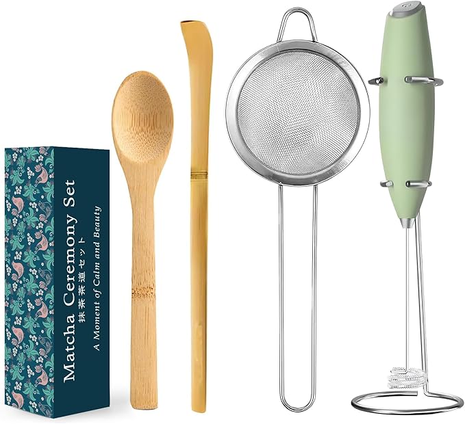 Electric Matcha Whisk Set 4 PCS Matcha Making Kit Powder Mixer Electric Milk Frother Traditional Tea Scoop Chashaku, Spoon, Sifter, Durable Coffee Stirrers Maker Tools Gift for Lovers Beginner
