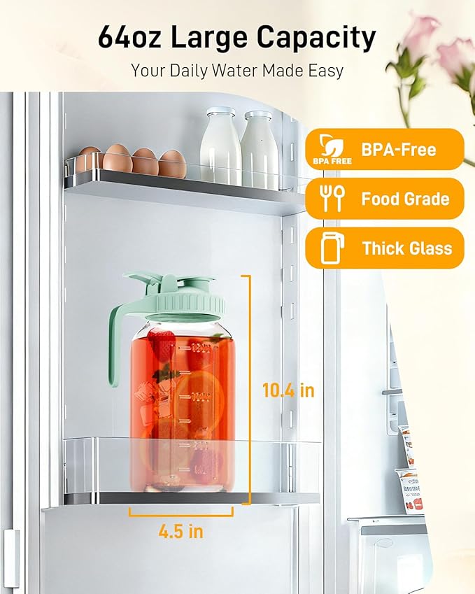 64 oz Glass Pitcher with Lid, Large Wide Mouth Mason Jar with Pour Spout, Green Sun Tea Glass Jar for Outside, Drink Pitcher Great for Drink, Cold Beverages and Breast Milk - Image 2