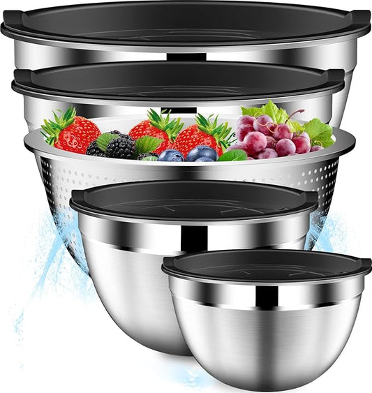 DUTZUN Mixing Bowls with Lids Set, Stainless Steel Mixing Bowls with Colander, Strainer with Mixing Bowl Set, Serving Bowl Kitchen Gift, Size 4.5, 2.5, 2, 1.5QT - Black by DUTZUN