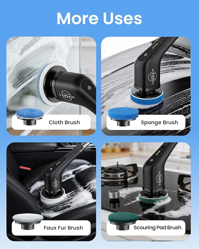 Leebein Electric Spin Scrubber, Cordless Cleaning Brush with 8 Replaceable Brush Heads, Tub and Floor Tile Power Scrubber Dual Speed with Adjustable & Detachable Handle for Bathroom Tub (All Black) - Image 7