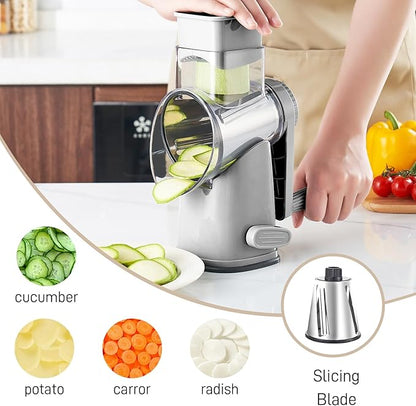 Weltonhm Rotary Cheese Graters with 4 Blades, Large Hand Crank Cheese Grater with Waffle Slicer, Grey Cheese Shredder with Suction Base, Easier for Shredding & Grating (Grey, 4 Graters)