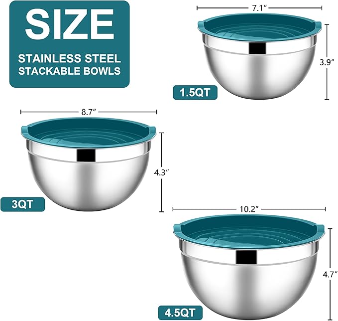 E-far Mixing Bowls with Lids, 6-Piece Stainless Steel Salad Bowls Metal Nesting Bowls for Baking Cooking and Prepping, Airtight Lids & Stackable Design, Size 4.5, 3, 1.5 QT (Blue) - Image 2