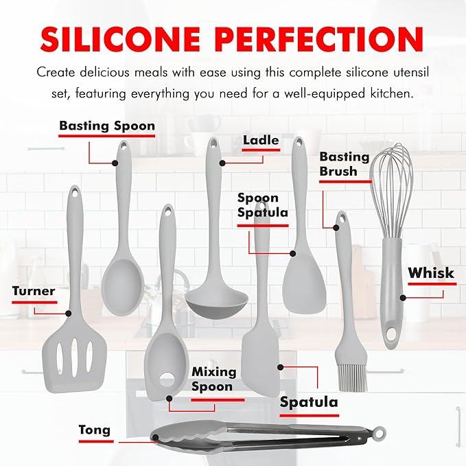 Chef Craft - Premium Silicone Kitchen Tools and Utensils Set, Non-Scratch, Withstands Temperatures up to 450°F, BPA-Free, 9 Piece Cooking Utensils Set, Gray - Image 4