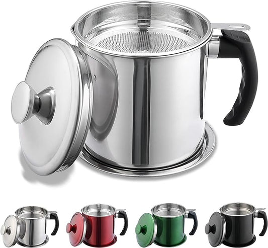 Kyraton Bacon Grease Container With Strainer, 48 oz Stainless Steel Oil Container, Pot Fat Storage With Lid, Easy Grip Handle Suitable For Storing Frying Oil And Cooking Grease 1. Silver