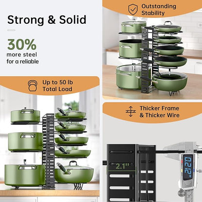 MUDEELA Pots and Pans Organizer Rack under Cabinet 8-Tiers Adjustable Pot Rack with 3 DIY Methods, Expandable 11.65'' to 19" Pot Lid Organizer for Kitchen Pantry Cabinet Organization and Storage - Image 7