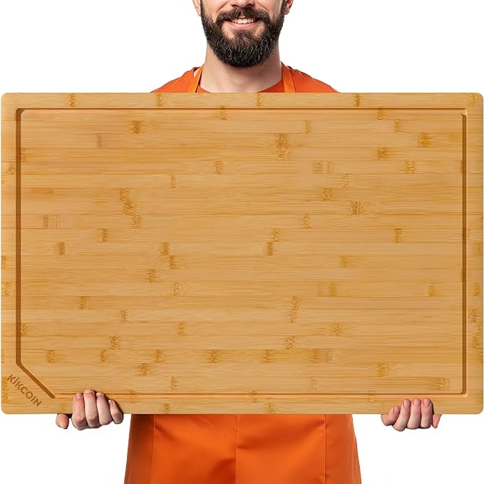 Kikcoin 36”×24” Bamboo Cutting Boards for Kitchen, Heavy Duty Wooden Cutting Boards, Healthy Extra Large Chopping Boards with Deep Juice Groove and Handle, Oversized Stove Top Cover, Natural by Kikcoin