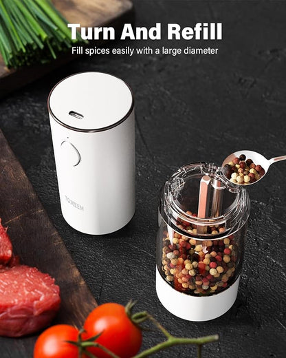 TOMEEM Upgraded Larger Capacity Electric Salt and Pepper Grinder Set Rechargeable with LED lights, Stainless Steel Automatic Pepper and Salt Grinder Refillable with 5 Adjustable Coarseness White - Image 5
