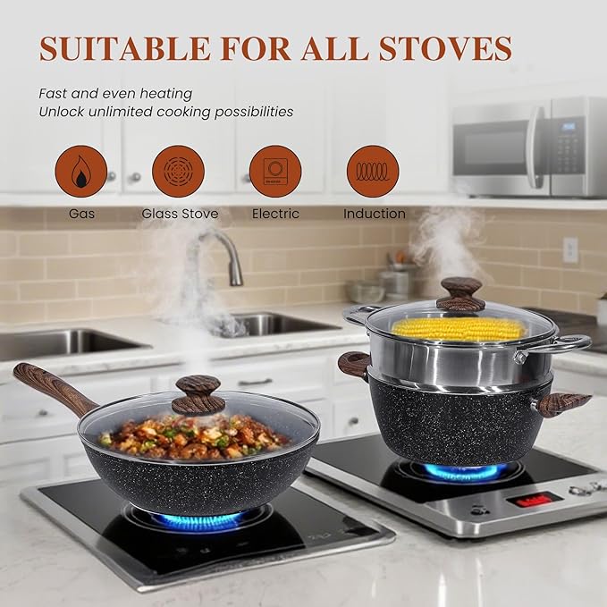 17 Pcs Pots and Pans Set, Nonstick & Non-Toxic Healthy Pots and Pans, Heat-Resistant Handles, Induction Cookware Sets with Frying Pans, Black