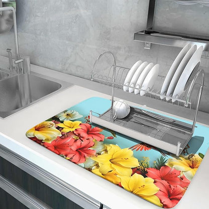 Kawani Spring Summer Hummingbirds Floral Dish Drying Mat for Kitchen Counter 16x18 In Spring Hibiscus Tropical Drying Mat Fast Dry Absorbent Microfiber Dish Drainer Rack Pad for Countertop Decor