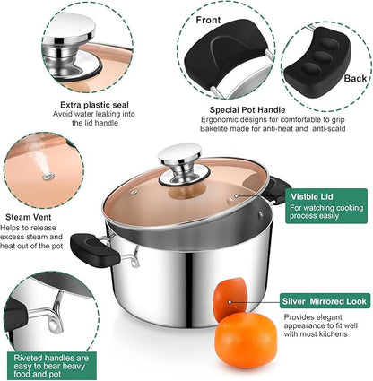 P&P CHEF 6 Qt Stockpot with Lid, Stainless Steel Cooking Stock Pot for Soup, Heat-Proof Double Handles with Visible Lid, Dishwasher Safe & Healthy, 3-Ply Metal