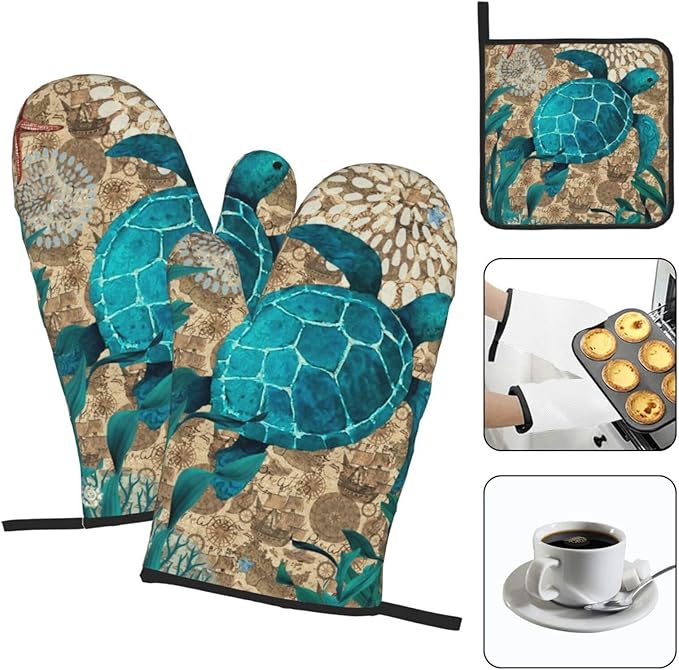 Retro Teal Nautical Oven Mitts and Pot Holders Sets,Sea Turtles Oven Gloves Hot Pads, Coastal Kitchen Mitts for Cooking Baking BBQ,Nautical Coastal Beach Ocean Cruise Themed Gifts for Women Sea Lover
