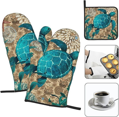 Retro Teal Nautical Oven Mitts and Pot Holders Sets,Sea Turtles Oven Gloves Hot Pads, Coastal Kitchen Mitts for Cooking Baking BBQ,Nautical Coastal Beach Ocean Cruise Themed Gifts for Women Sea Lover