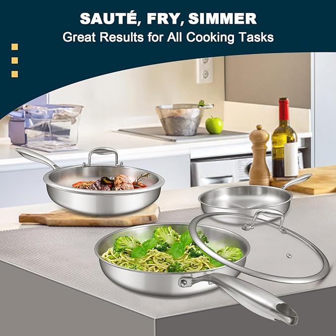 Tri-Ply Stainless Steel Frying Pans Set with Lid, EWFEN 8”/10”/12” Cooking pans, PFOA&PTFE Free Skillet, Induction Cooking Pan, Dishwasher and Oven Safe, Fast & Even Heat, Suitable for All Stove - Image 2