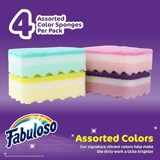 Fabuloso Scratch-Free Kitchen Dish Sponges, Rainbow Cellulose Scrubber Sponge with Scouring Pad for Dishes, Pots, Pans, Counters and Sinks, Tough on Messes, 4.25 x 2.75 x 1.25 in, 4 Count - 2 Pack - Image 2